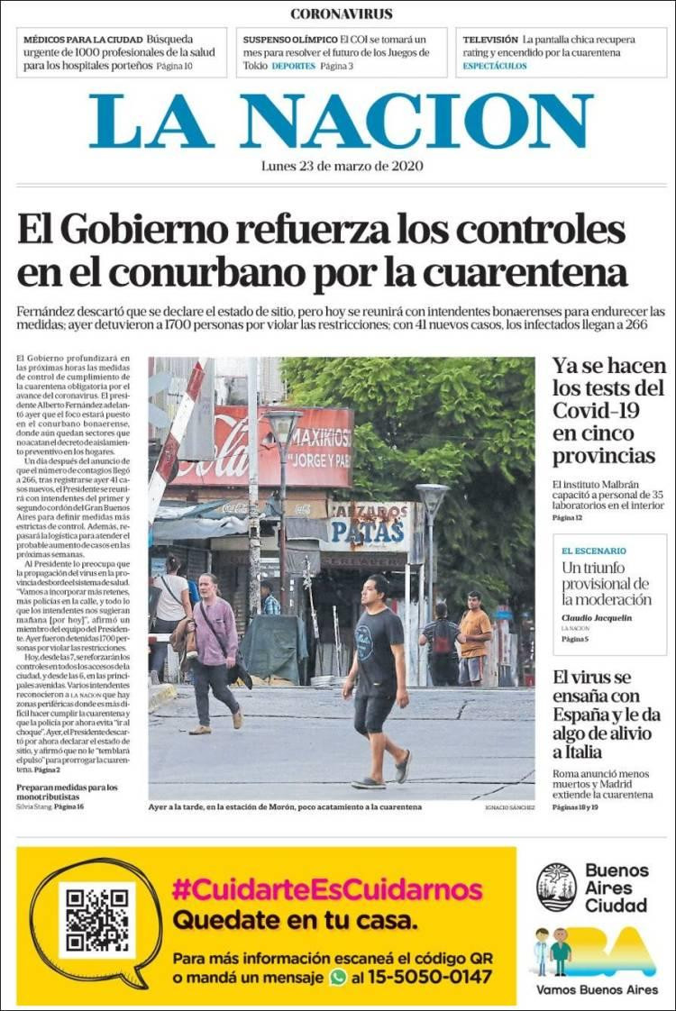 Tapas de diarios, La Nación, lunes 23 de marzo de 2020