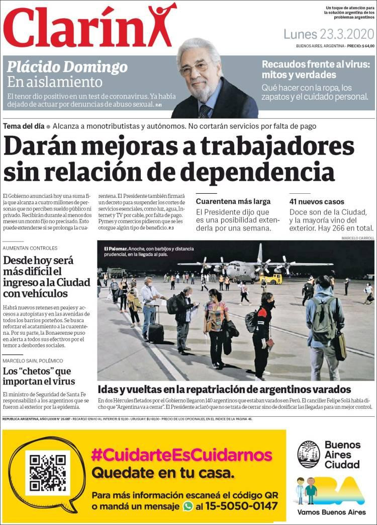 Tapas de diarios, Clarín, lunes 23 de marzo de 2020