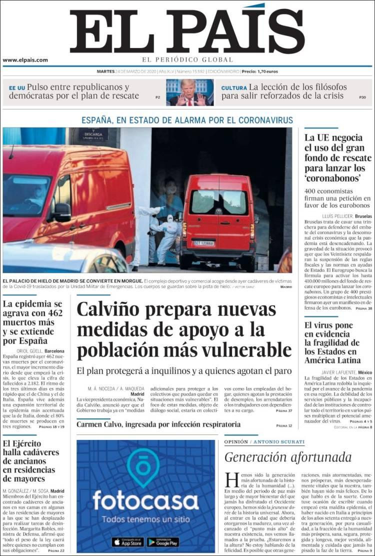 Tapas de diarios, El País, martes 24 de marzo de 2020
