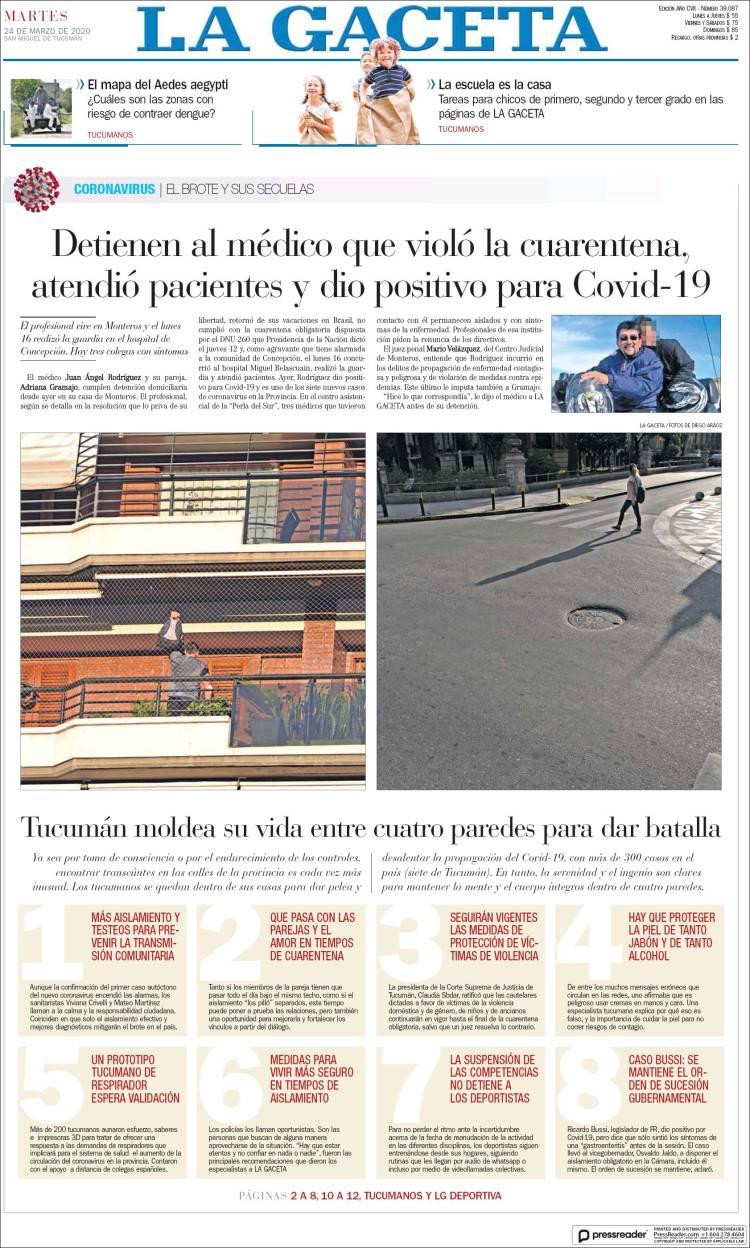Tapas de diarios, La Gaceta, martes 24 de marzo de 2020