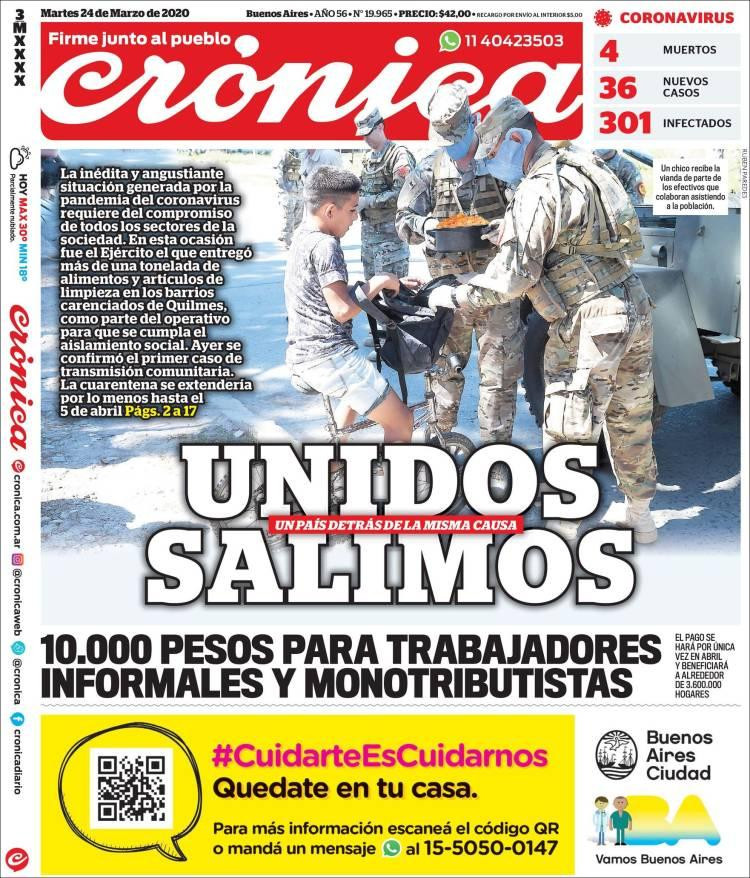 Tapas de diarios, Crónica, martes 24 de marzo de 2020