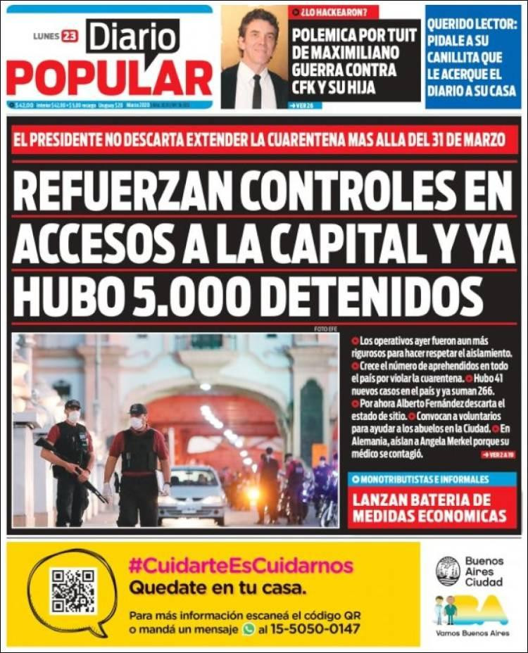 Tapas de diarios, Diario Popular, martes 24 de marzo de 2020