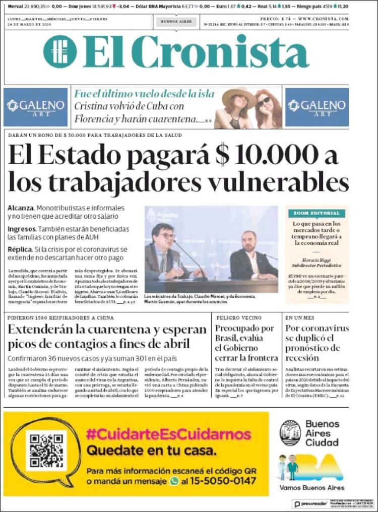 Tapas de diarios, El Cronista, martes 24 de marzo de 2020