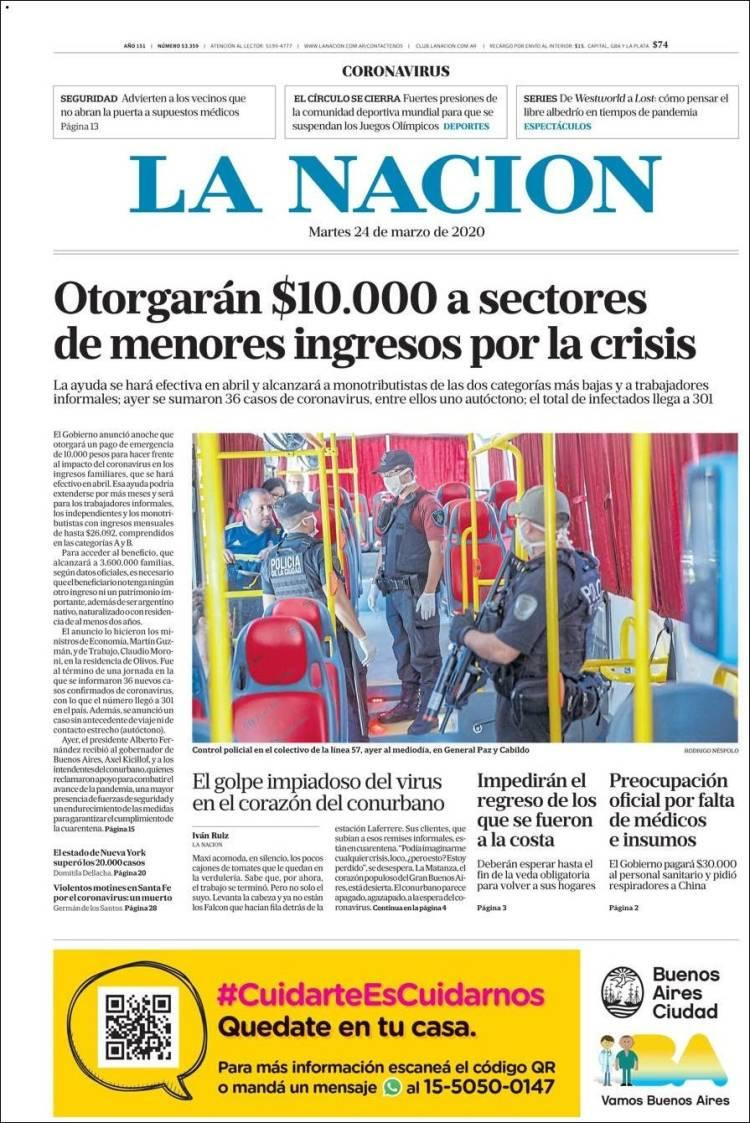 Tapas de diarios, La Nación, martes 24 de marzo de 2020
