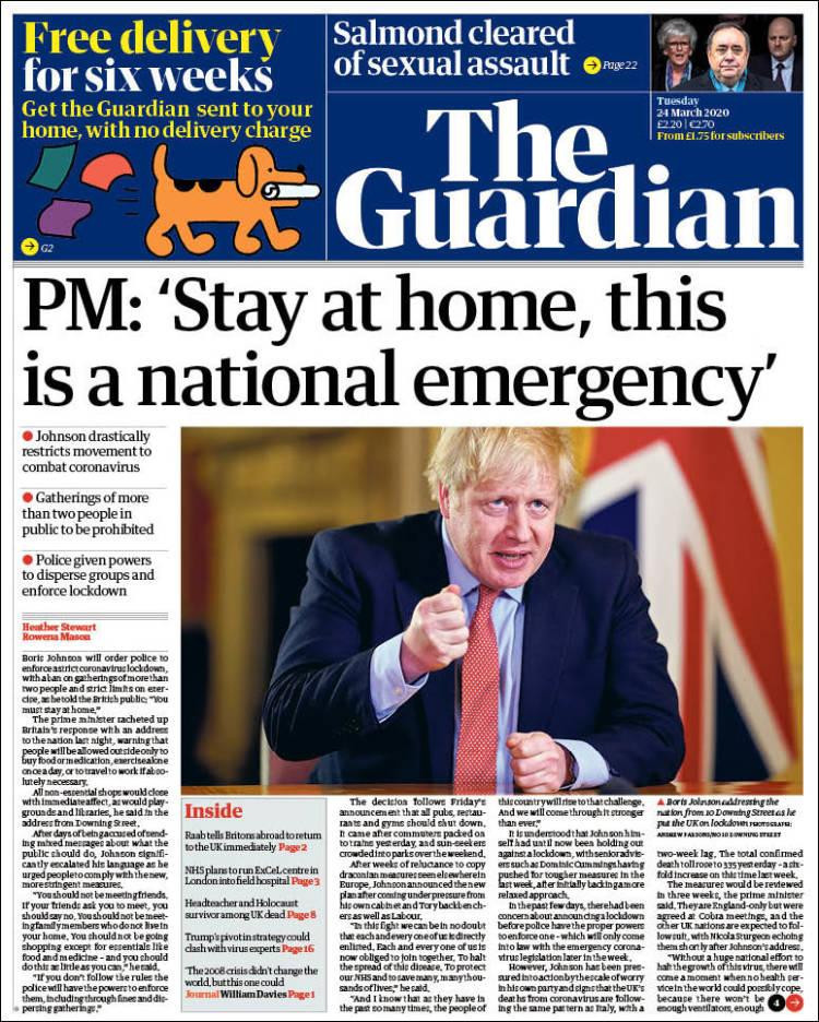 Tapas de diarios, Guardian, martes 24 de marzo de 2020