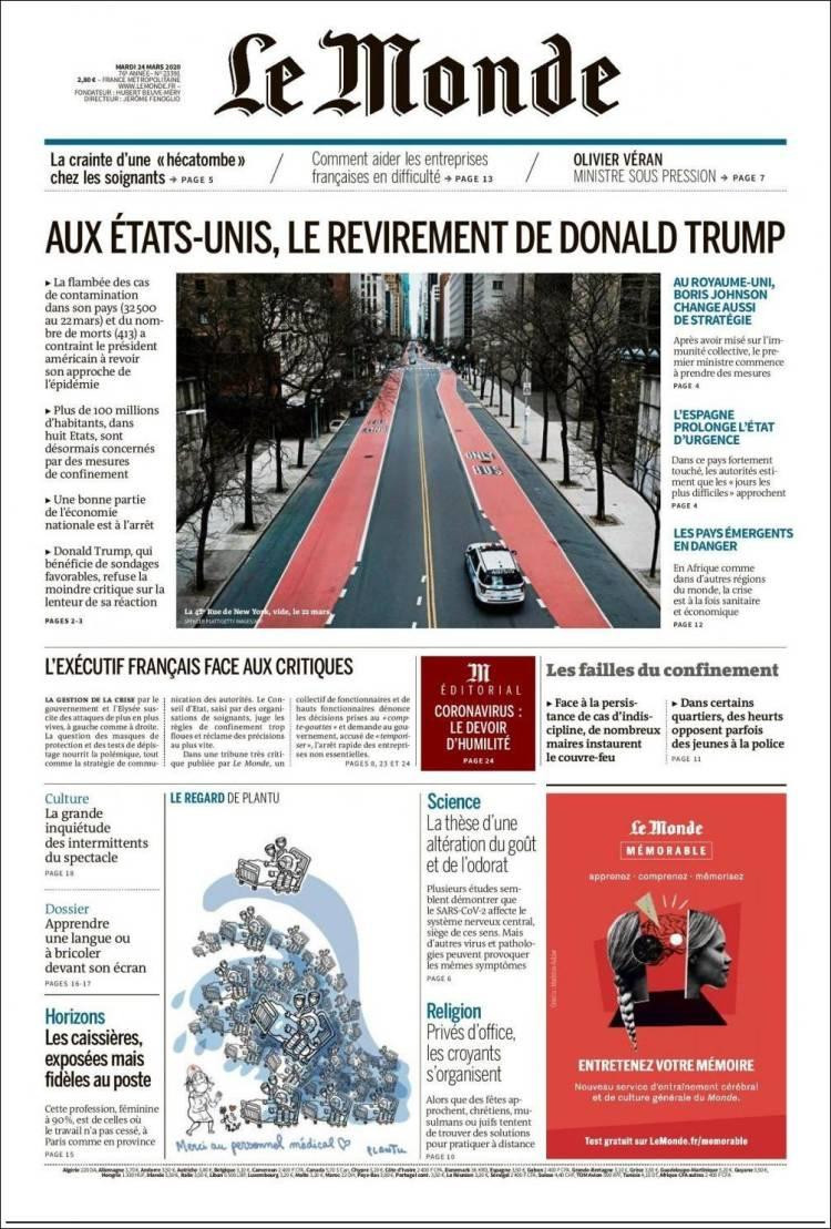Tapas de diarios, Le Monde, martes 24 de marzo de 2020