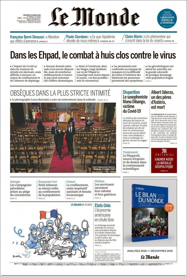 Tapas de diarios, Le Monde, 25 de marzo de 2020
