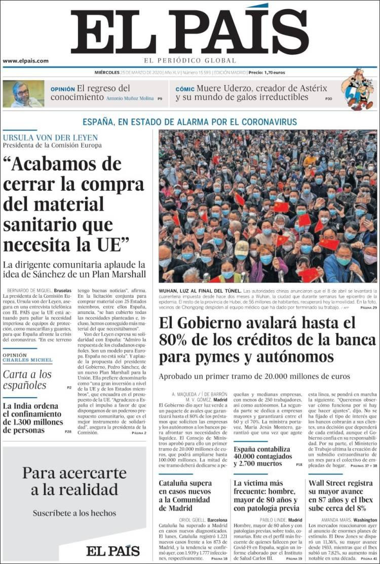 Tapas de diarios, El País, 25 de marzo de 2020