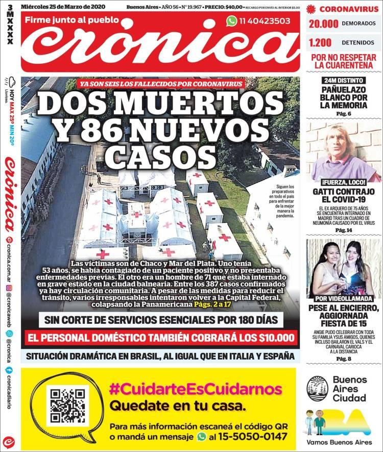 Tapas de diarios, Crónica, 25 de marzo de 2020