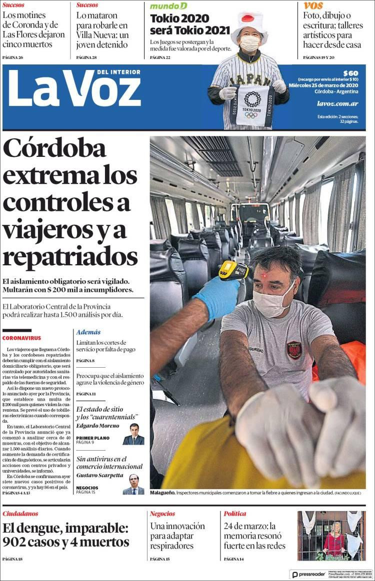 Tapas de diarios, La Voz, 25 de marzo de 2020
