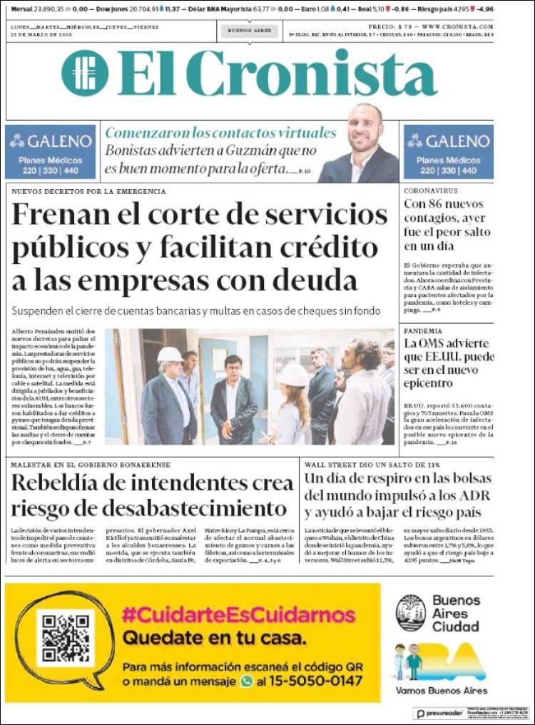 Tapas de diarios, El Cronista, 25 de marzo de 2020