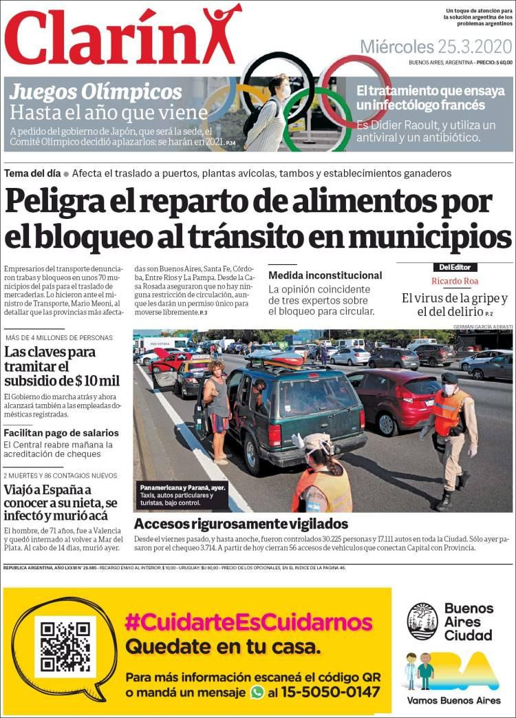 Tapas de diarios, Clarín, 25 de marzo de 2020