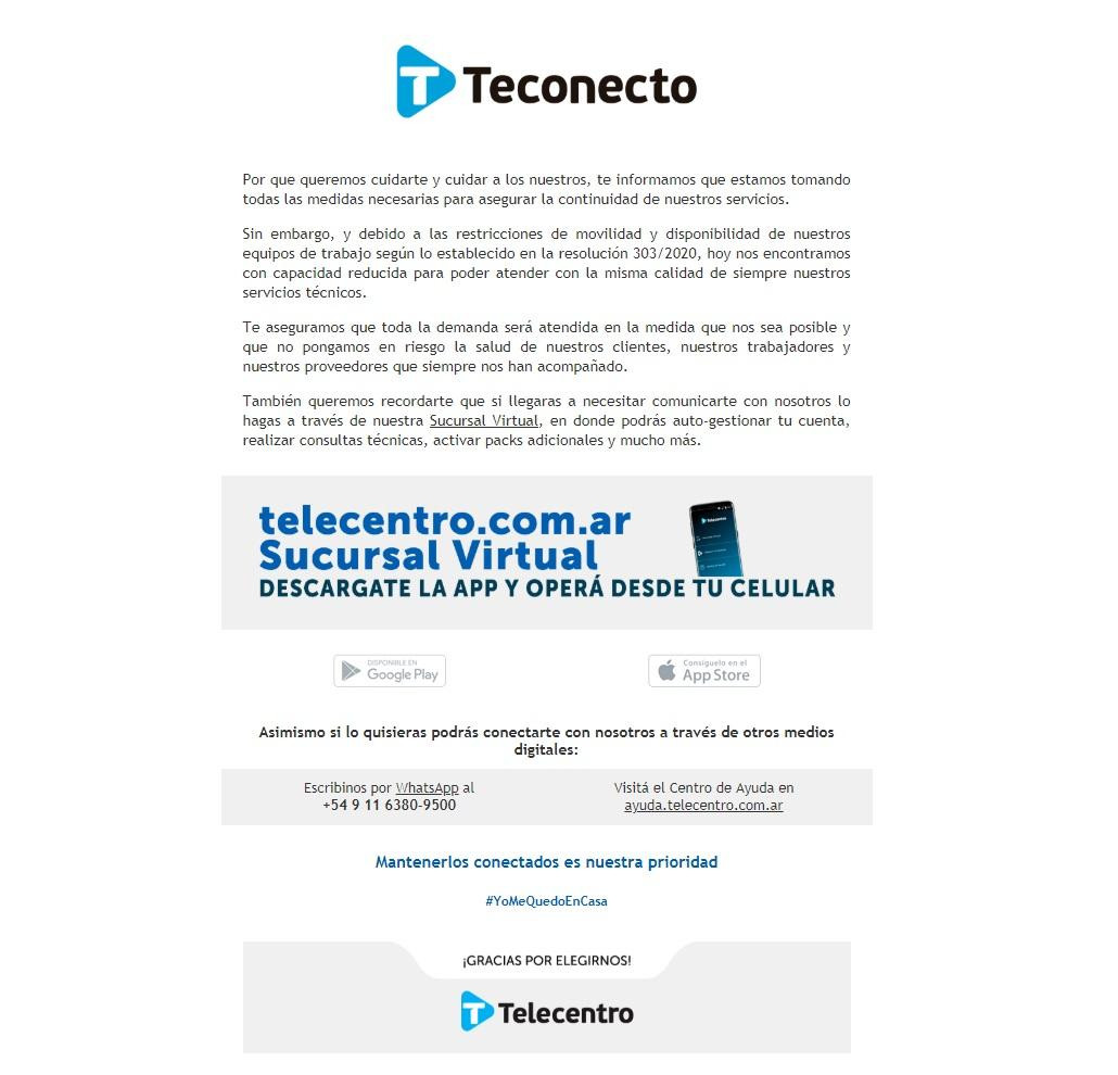 Teconecto, comunicado de Telecentro ante la situación de aislamiento, app, Sucursal Virtual