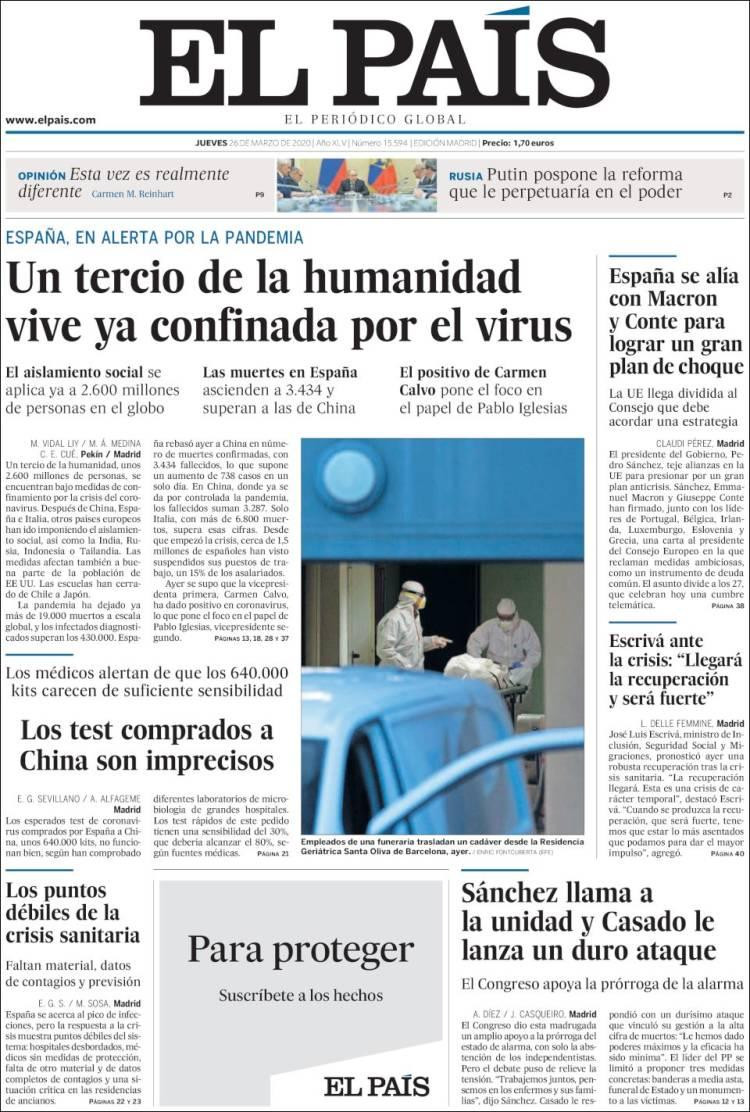 Tapas de diarios, El Pais de España, jueves 26 de marzo de 2020