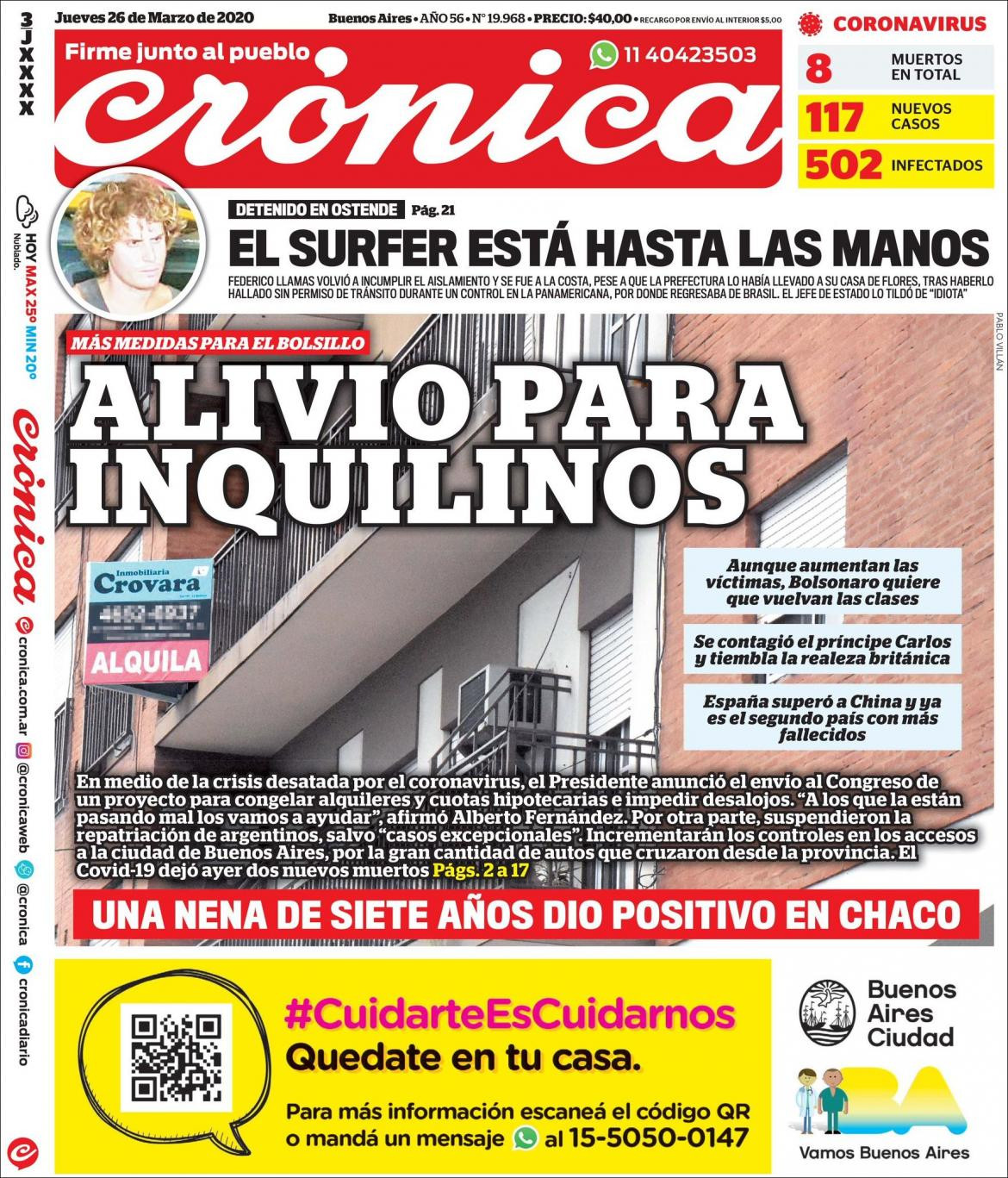 Tapas de diarios, Crónica, jueves 26 de marzo de 2020