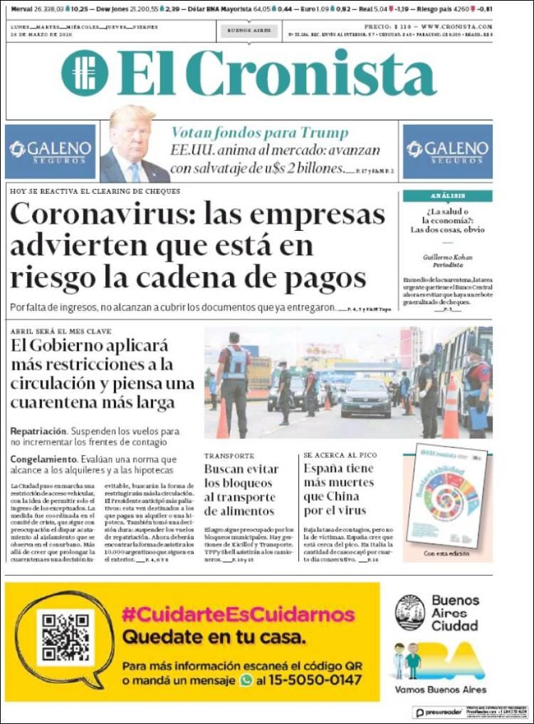 Tapas de diarios, El Cronista, jueves 26 de marzo de 2020