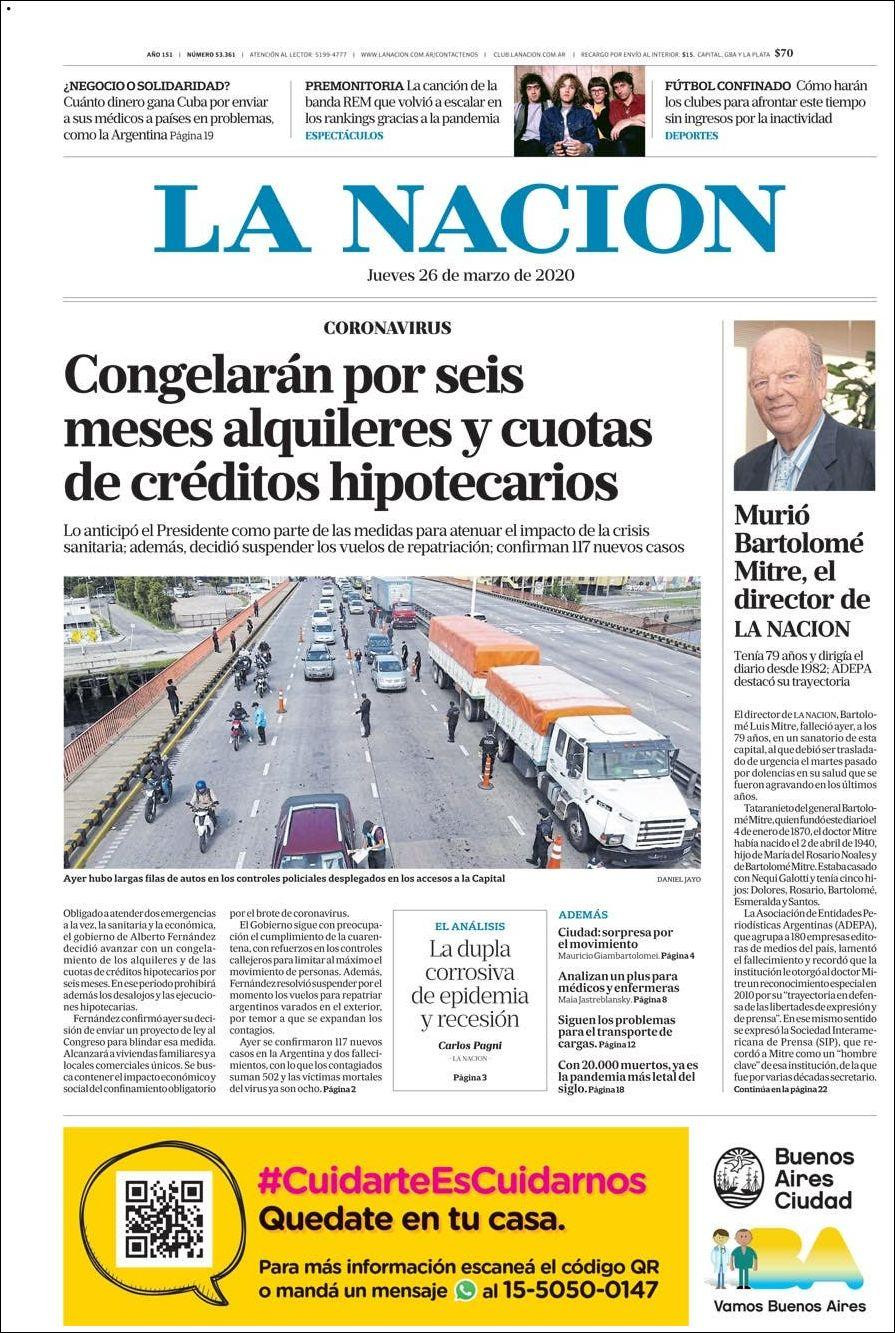 Tapas de diarios, La Nación, jueves 26 de marzo de 2020