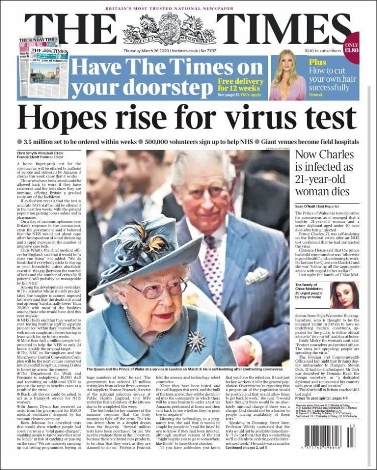 Tapas de diarios, The Times de Gran Bretaña, jueves 26 de marzo de 2020