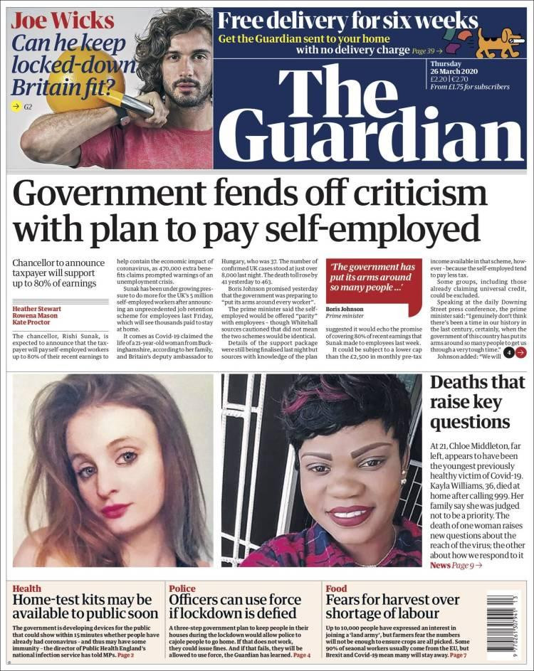 Tapas de diarios, The Guardian de Gran Bretaña, jueves 26 de marzo de 2020