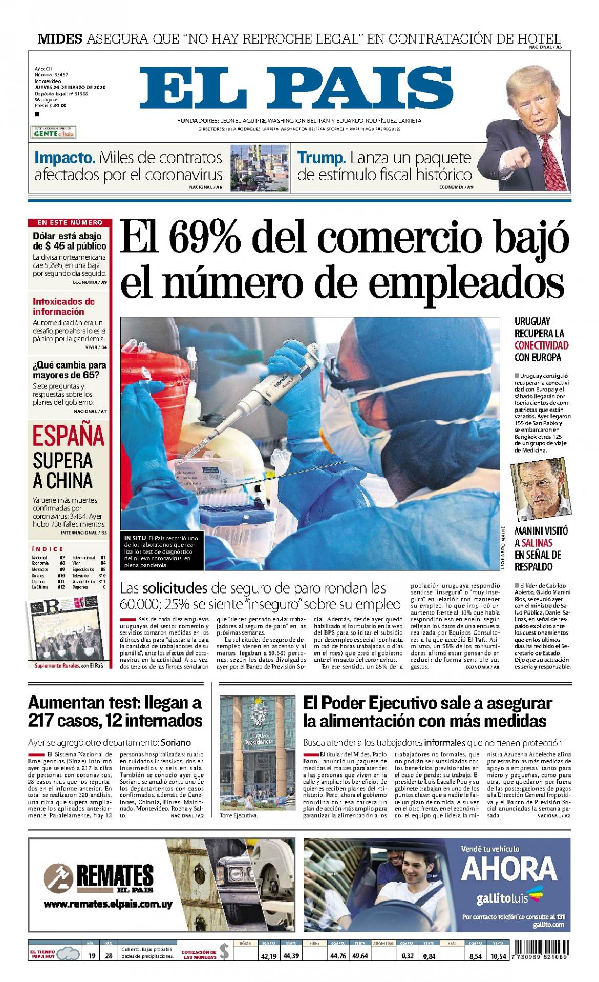 Tapas de diarios, El Pais de Uruguay, jueves 26 de marzo de 2020