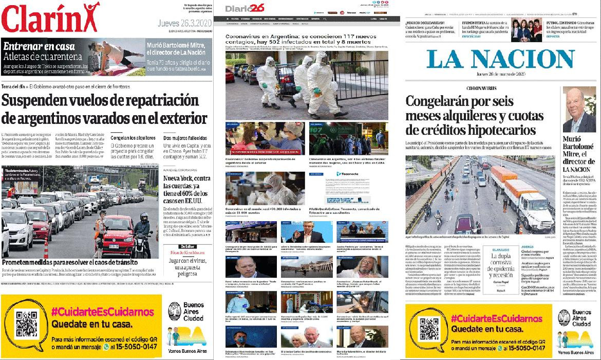Tapas de diarios argentinos, jueves 26 de marzo de 2020