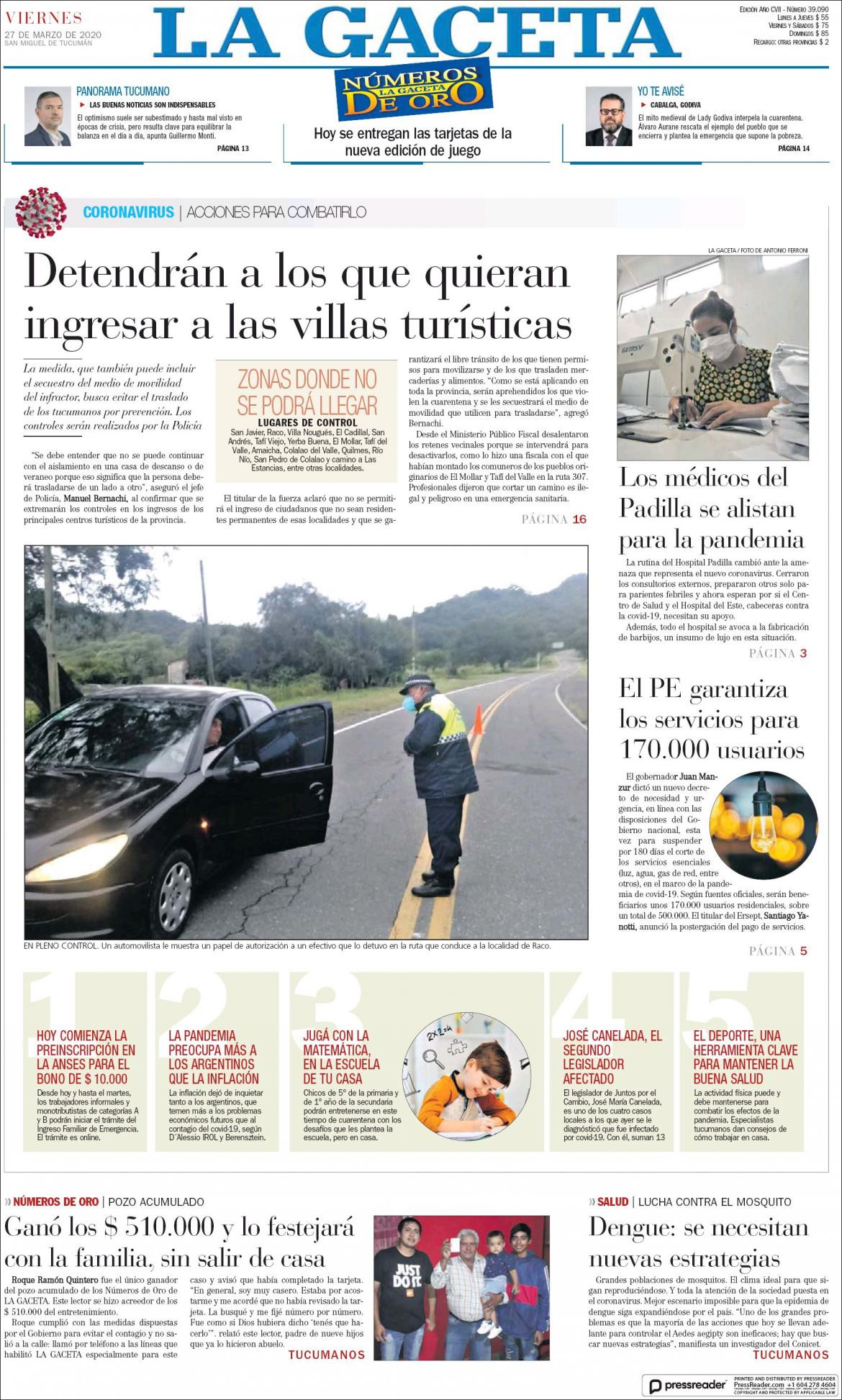 Tapas de diarios, La Gaceta, viernes 27 de marzo de 2020