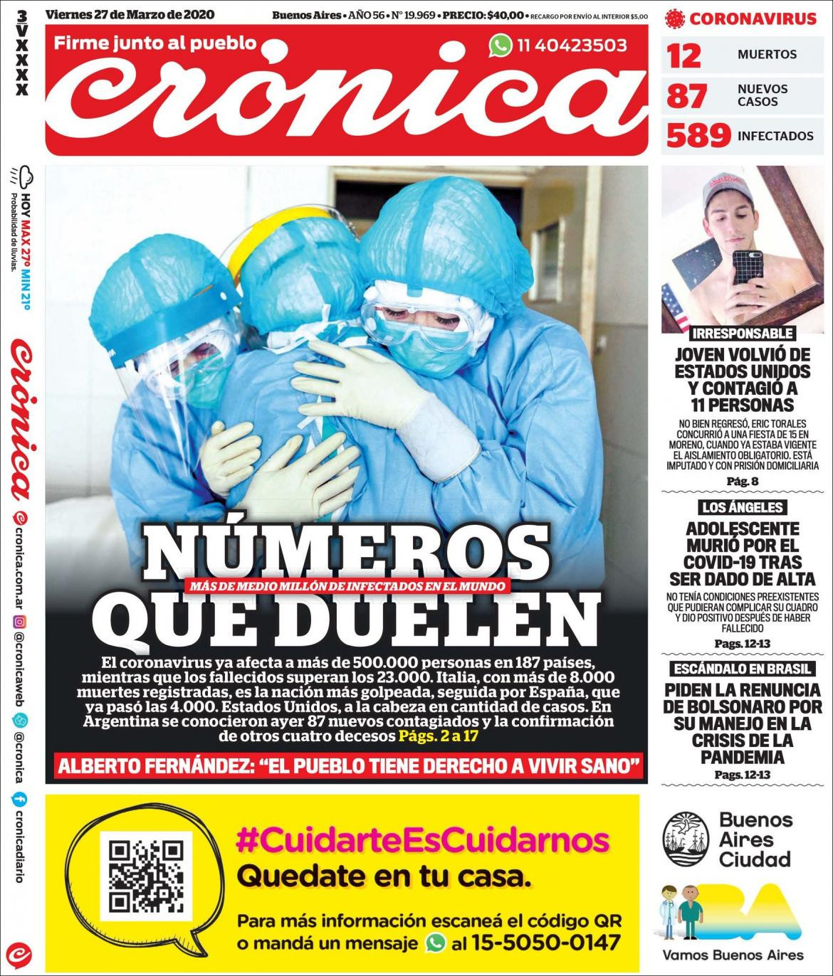 Tapas de diarios, Crónica, viernes 27 de marzo de 2020