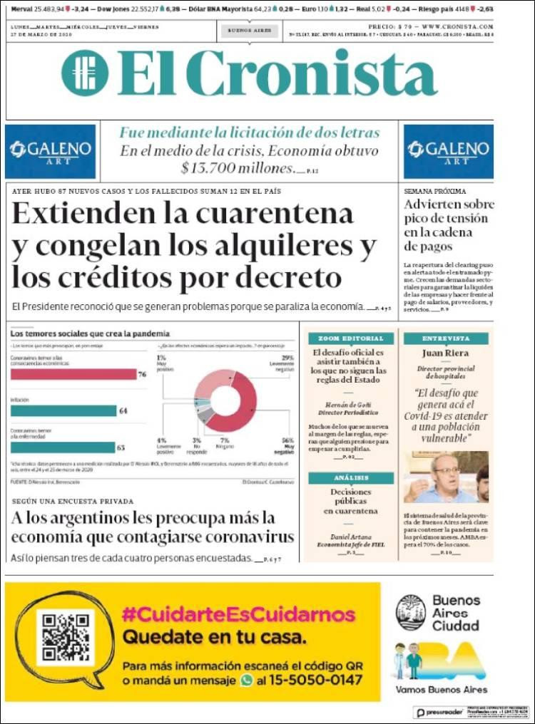Tapas de diarios, El Cronista, viernes 27 de marzo de 2020