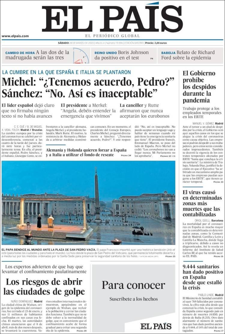 Tapas de Diarios, El Pais de España, sábado 28 de marzo de 2020