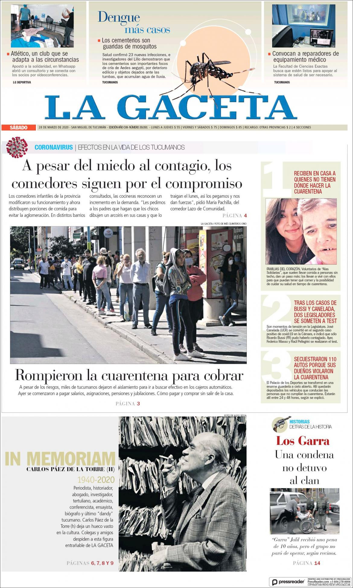 Tapas de Diarios, La Gaceta, sábado 28 de marzo de 2020
