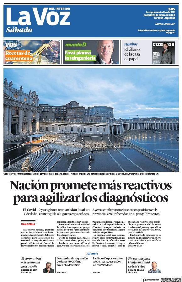 Tapas de Diarios, La Voz del Interior, sábado 28 de marzo de 2020