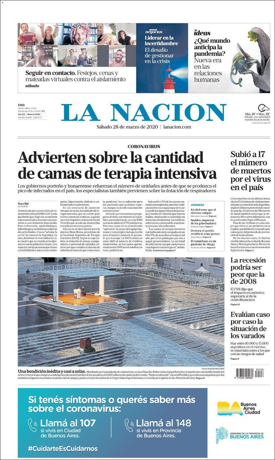 Tapas de Diarios, La Nación, sábado 28 de marzo de 2020