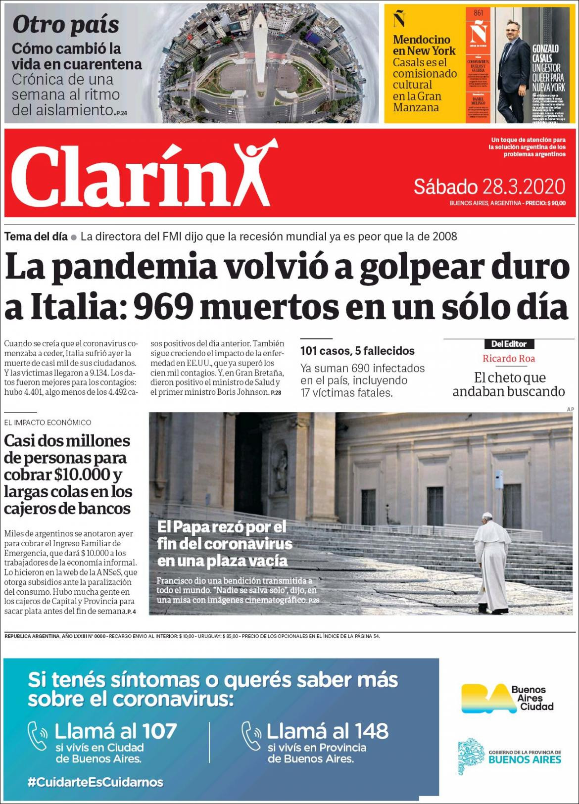 Tapas de Diarios, Clarin, sábado 28 de marzo de 2020