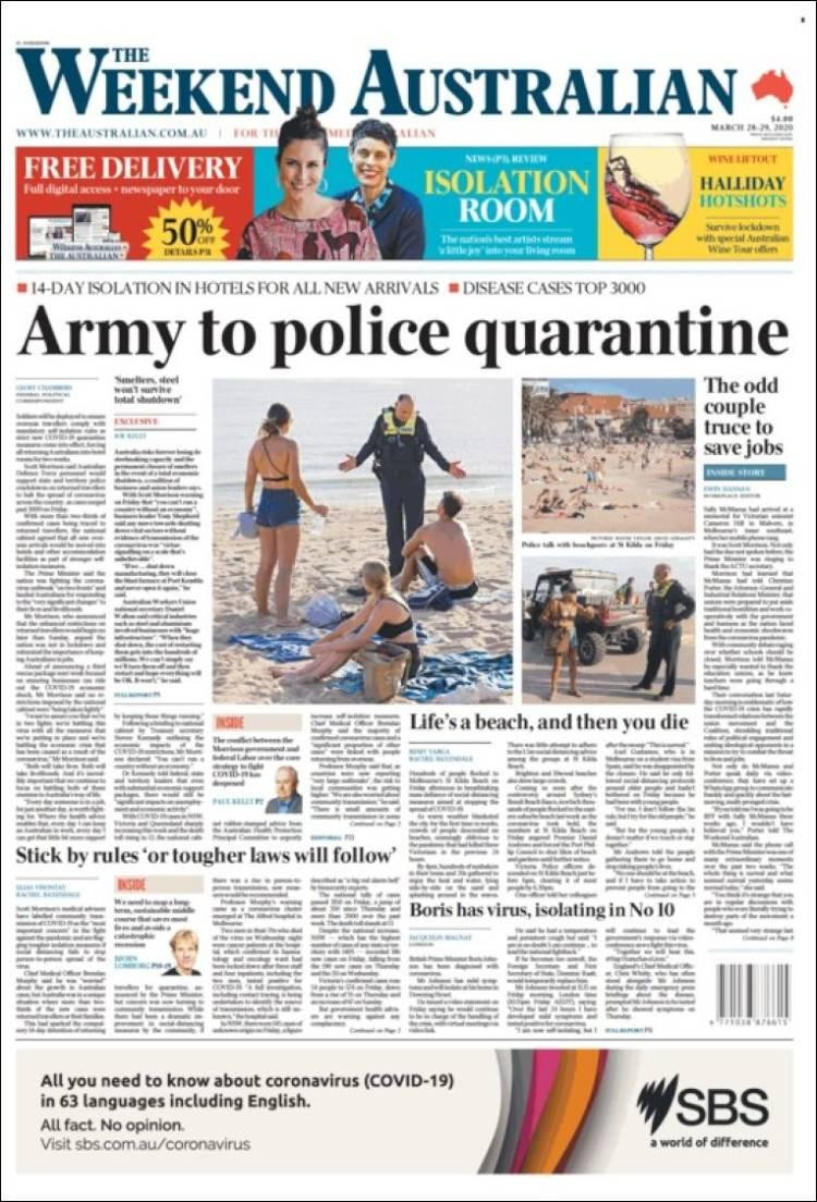 Tapas de diarios, The Australian de Australia, sábado 28 de marzo de 2020