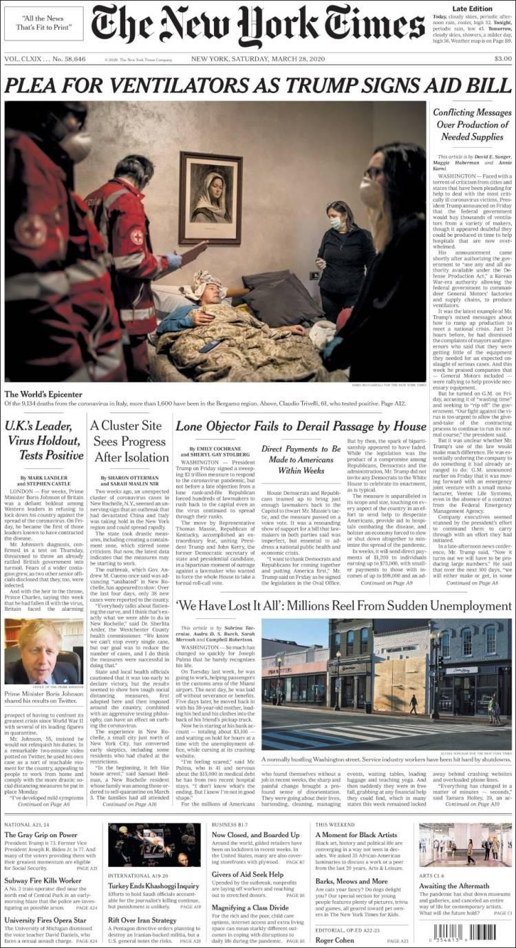 Tapas de diarios, The New York Times de Estados Unidos, sábado 28 de marzo de 2020
