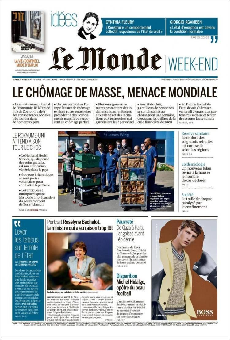 Tapas de diarios, Le Monde de Francia, sábado 28 de marzo de 2020