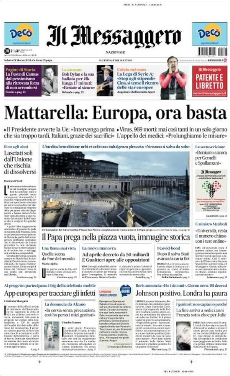 Tapas de diarios, Il Messaggero de Italia, sábado 28 de marzo de 2020