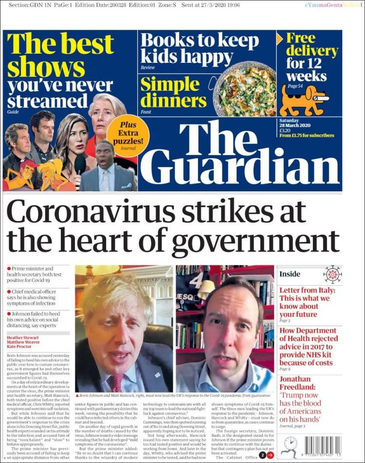 Tapas de diarios, The Guardian de Gran Bretaña, sábado 28 de marzo de 2020
