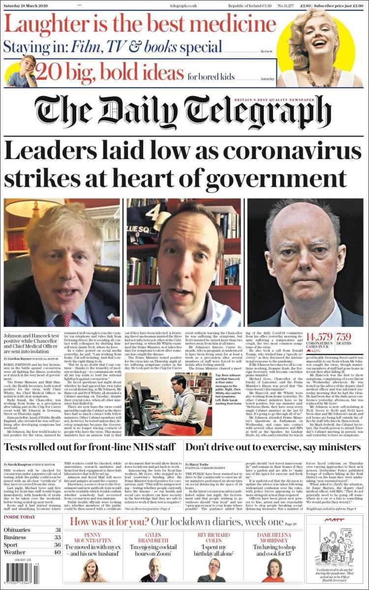 Tapas de diarios, The Daily Telegraph de Gran Bretaña, sábado 28 de marzo de 2020