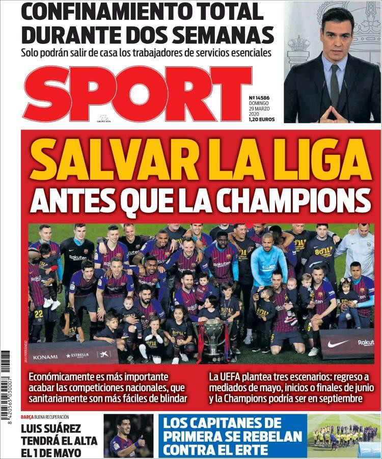 Tapas de Diarios, Sport de España, domingo 29 de marzo de 2020