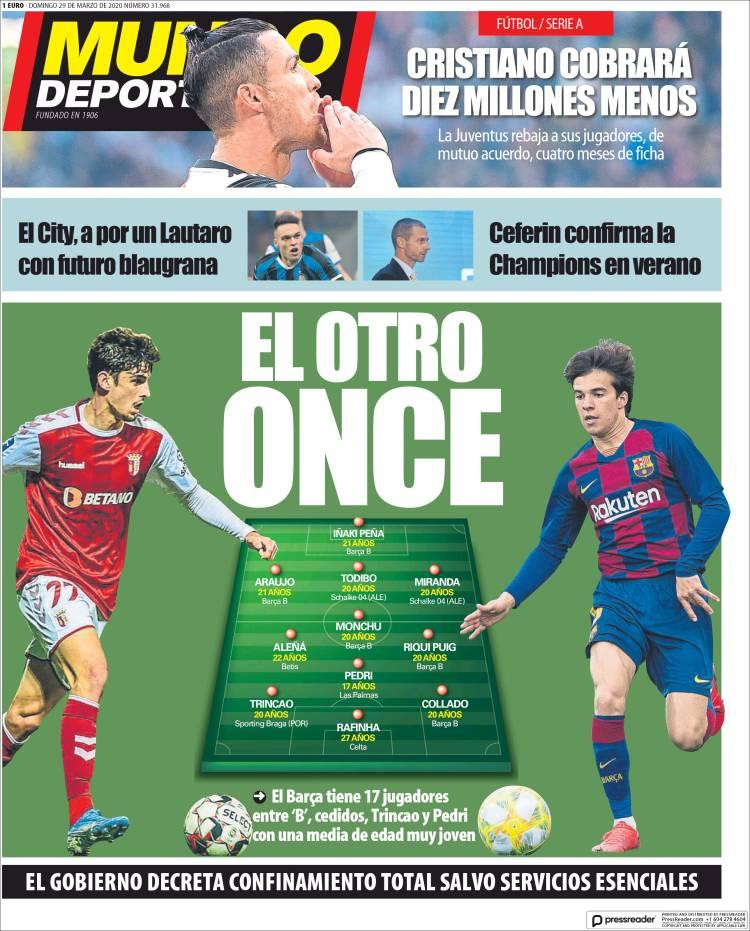 Tapas de Diarios, Mundo Deportivo de España, domingo 29 de marzo de 2020