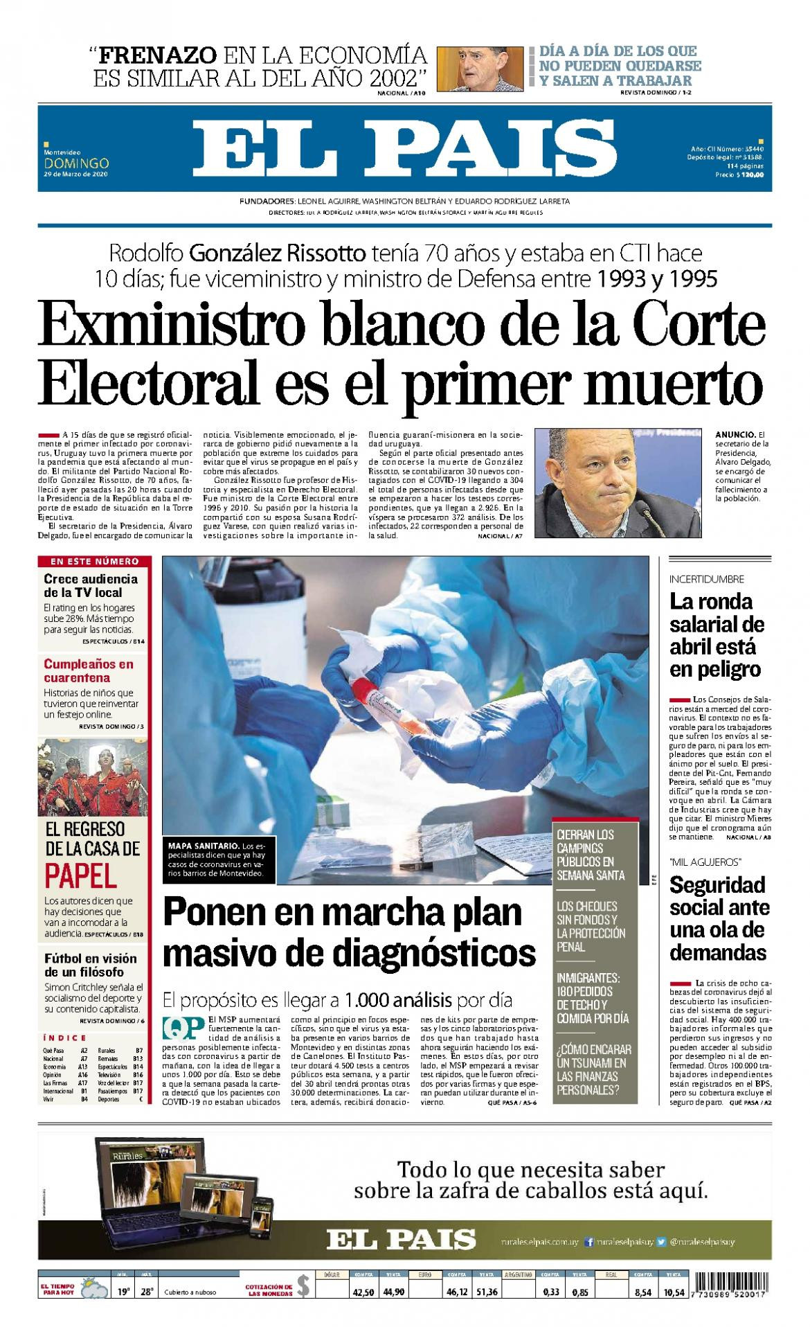 Tapas de Diarios, El Pais de Uruguay, domingo 29 de marzo de 2020