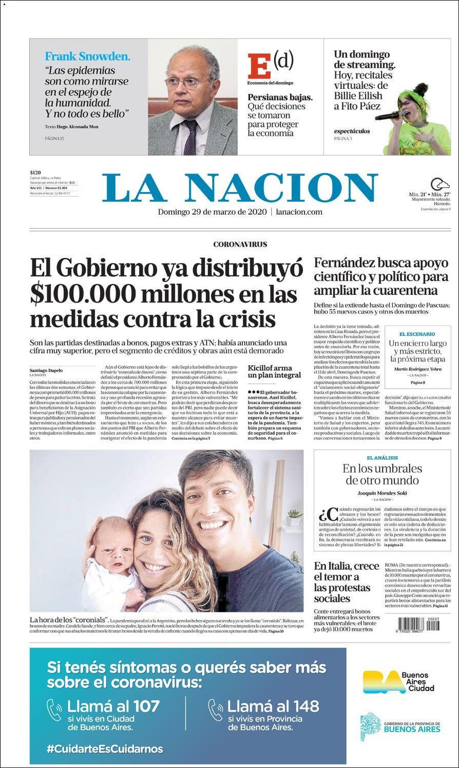Tapas de Diarios, La Nación, domingo 29 de marzo de 2020