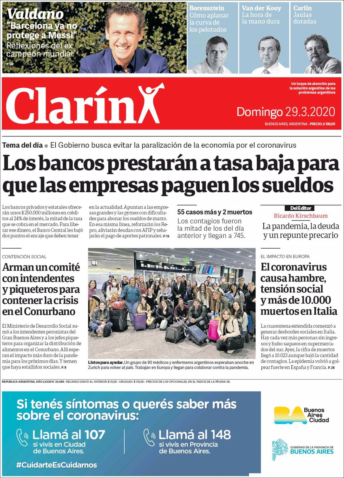 Tapas de Diarios, Clarin, domingo 29 de marzo de 2020