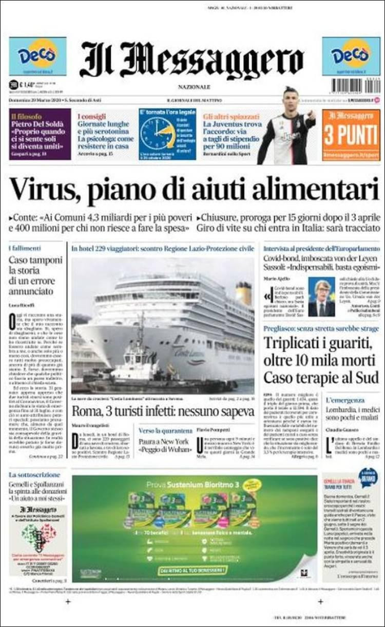 Tapas de Diarios, Il Messaggero de Italia, domingo 29 de marzo de 2020