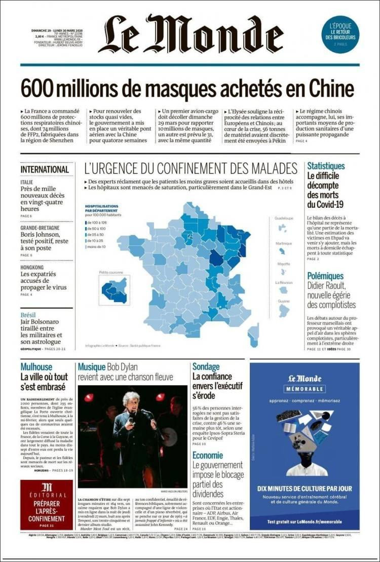 Tapas de diarios, Le Monde, lunes 30 de marzo de 2020