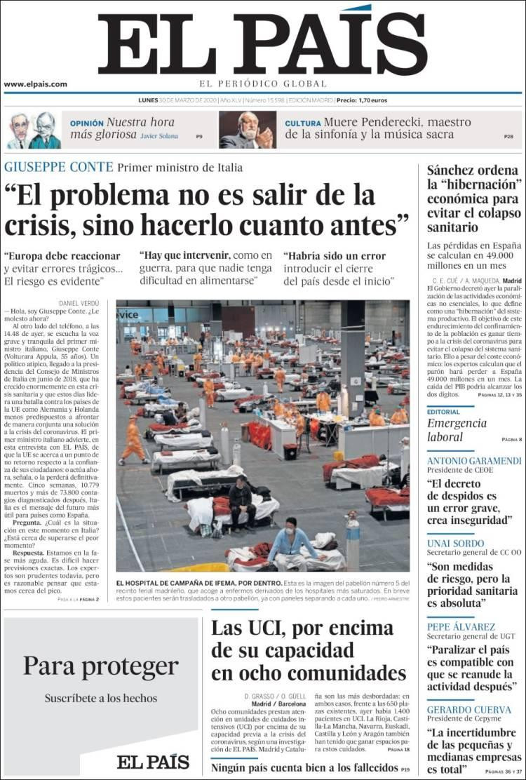 Tapas de diarios, El País, lunes 30 de marzo de 2020