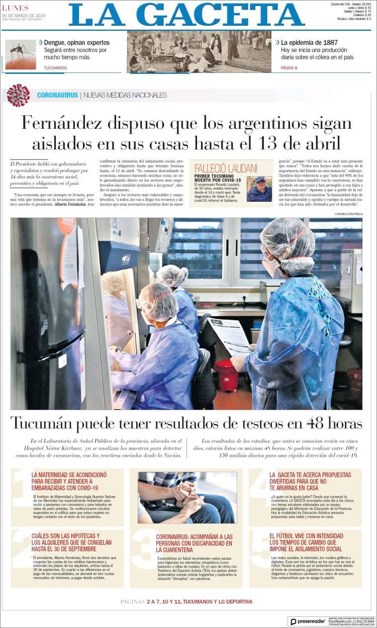 Tapas de diarios, La Gaceta, lunes 30 de marzo de 2020