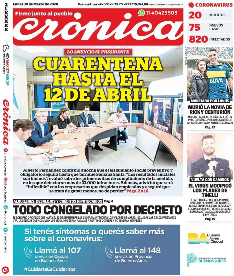 Tapas de diarios, Crónica, lunes 30 de marzo de 2020