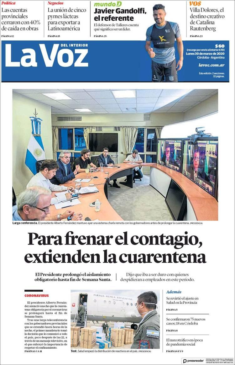 Tapas de diarios, La Voz, lunes 30 de marzo de 2020